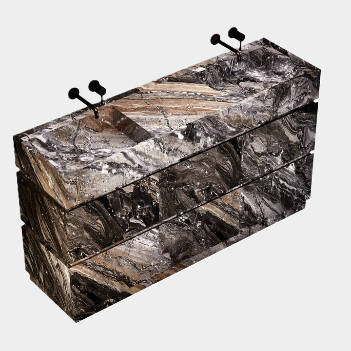 Orca marble vanity with double basin side view in Grey Galaxy