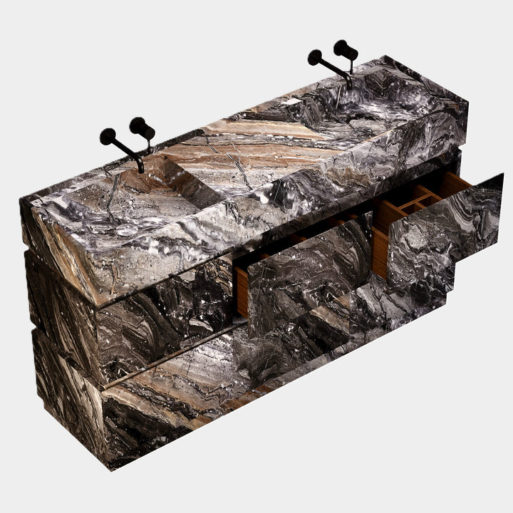 Orca marble vanity with double basin side view in Grey Galaxy with open drawers
