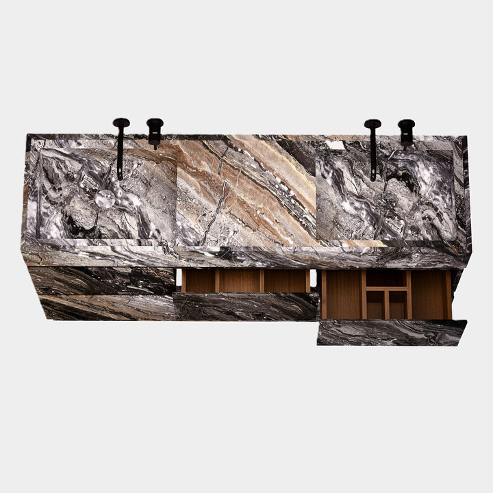 Orca double basin vanity front view in Grey Galaxy with open drawers