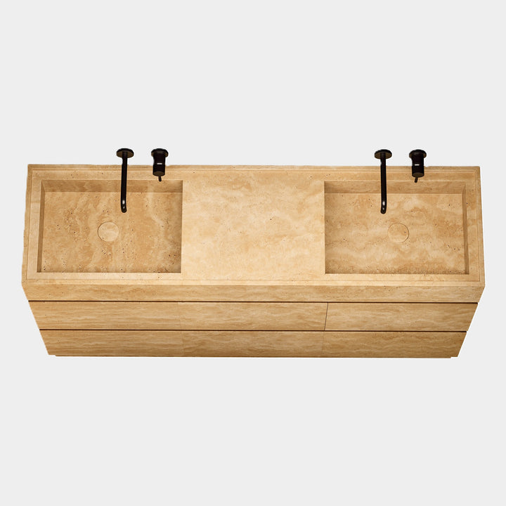 Orca double basin vanity top view in Beige Travertine