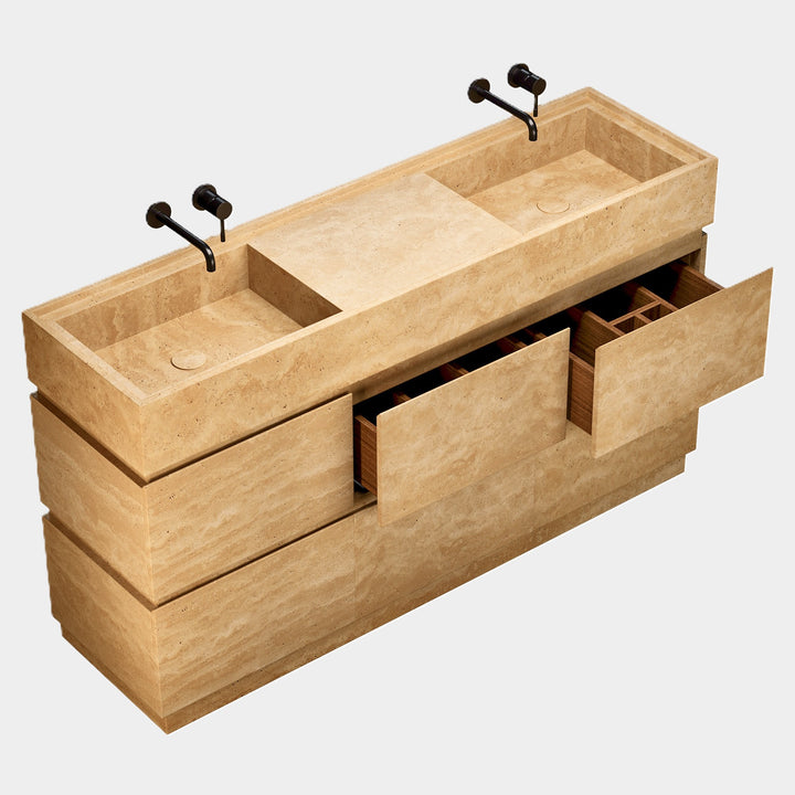 Orca marble vanity with double basin side view in Beige Travertine with open drawers