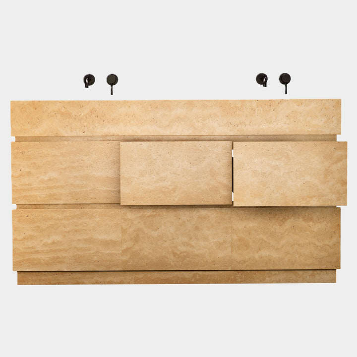 Orca double basin vanity front view in Beige Travertine with open drawers
