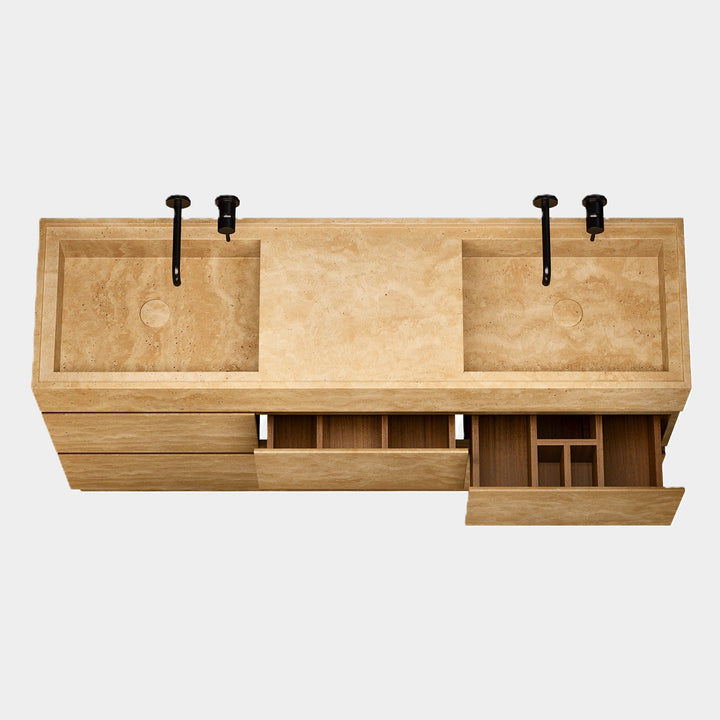 Orca double basin vanity top view in Beige Travertine with open drawers