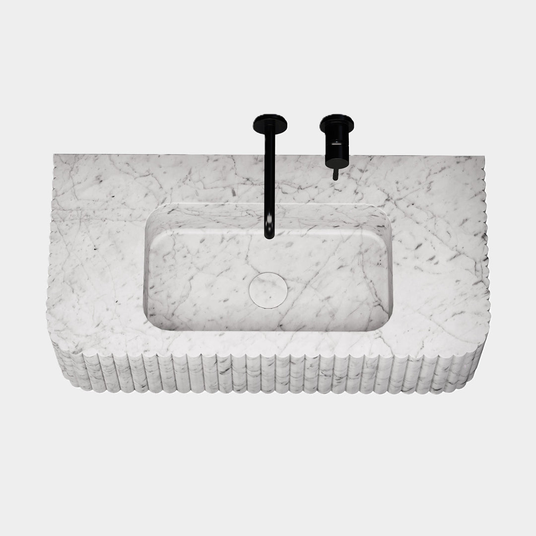 Raya - Ribbed Marble Basin - White Carrara - Small