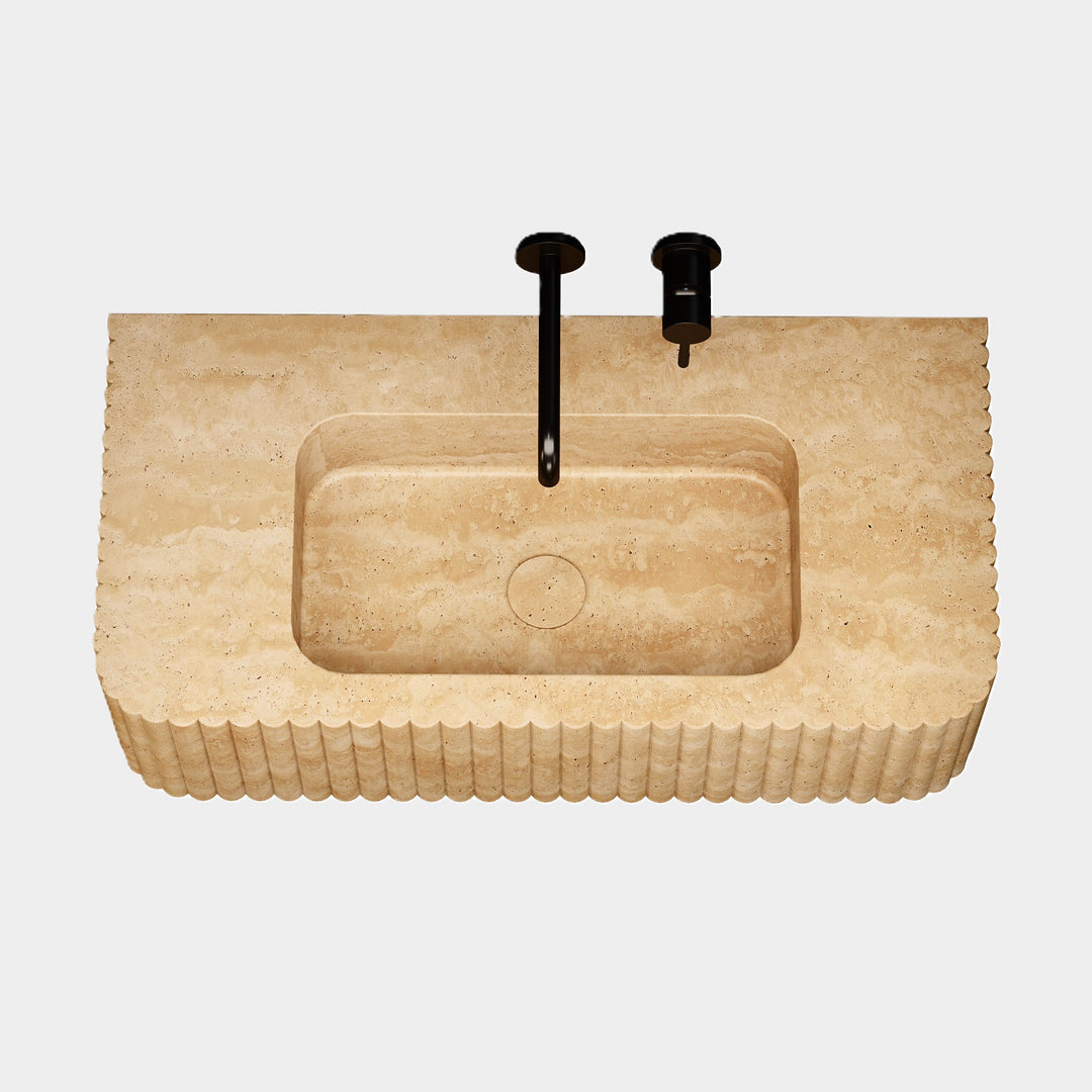 Raya - Ribbed Marble Basin - Beige Travertine - Medium