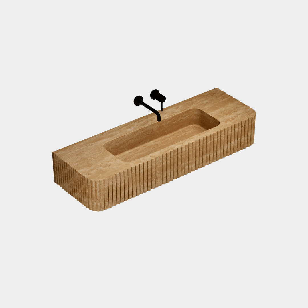 Raya - Ribbed Marble Basin - Beige Travertine - Large