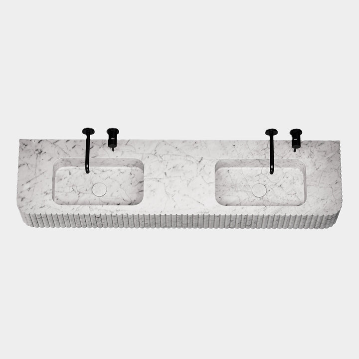 Raya double basin top angled view in White Carrara