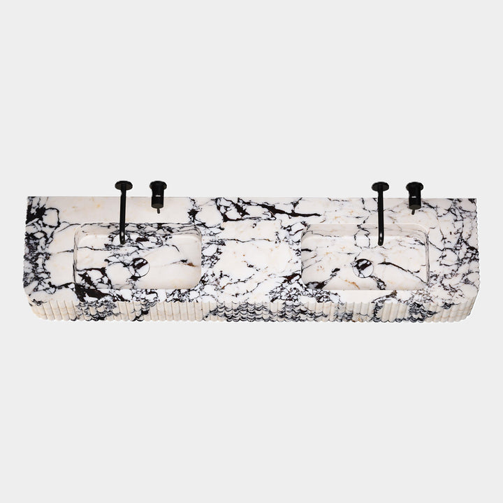 Raya double basin angled view in Calacatta Viola