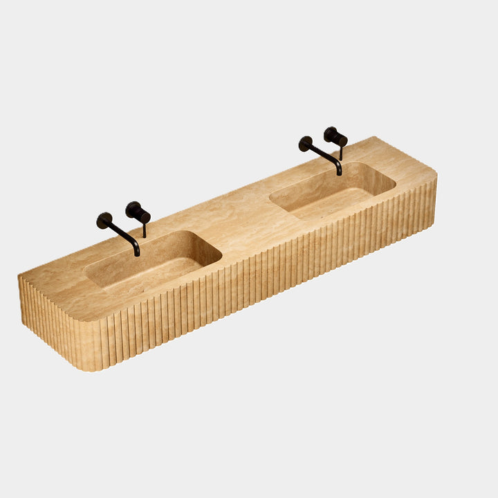 Raya double basin front view in Beige Travertine
