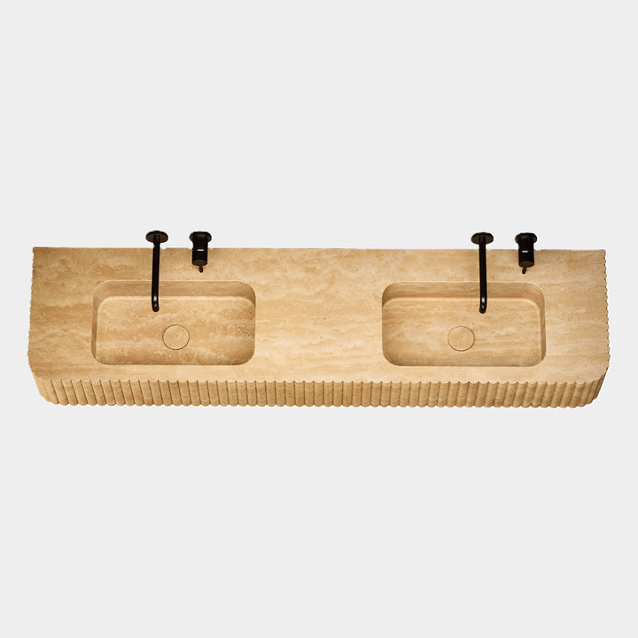 Raya double basin top angled view in Beige Travertine