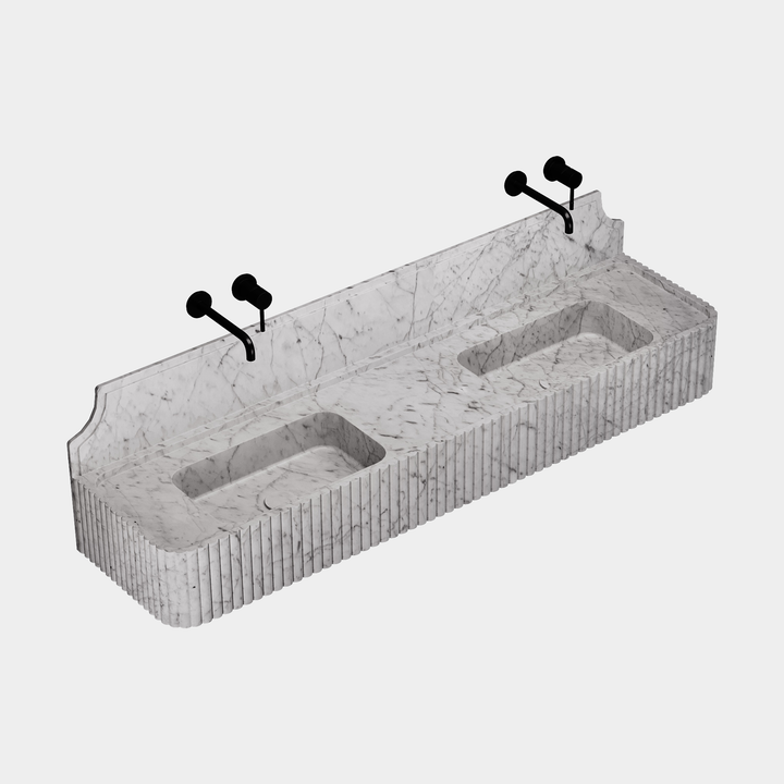 Skive ribbed double basin side angle in White Carrara
