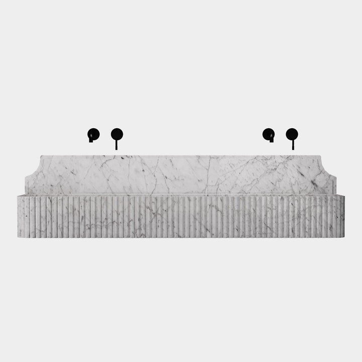 Skive double basin front view in White Carrara