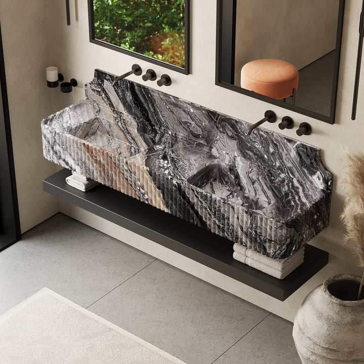 Skive ribbed marble double basin in Grey Galaxy
