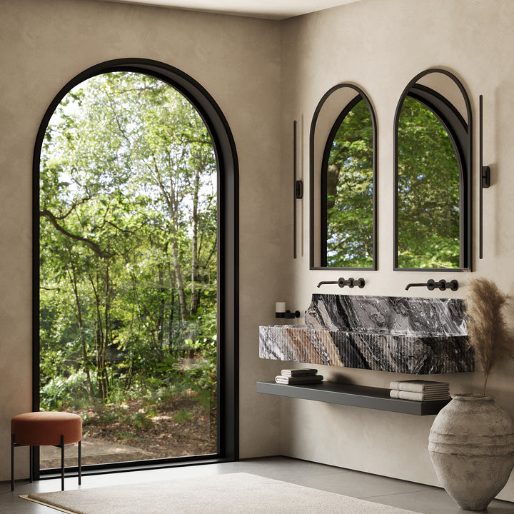 Skive ribbed marble double basin in Grey Galaxy window