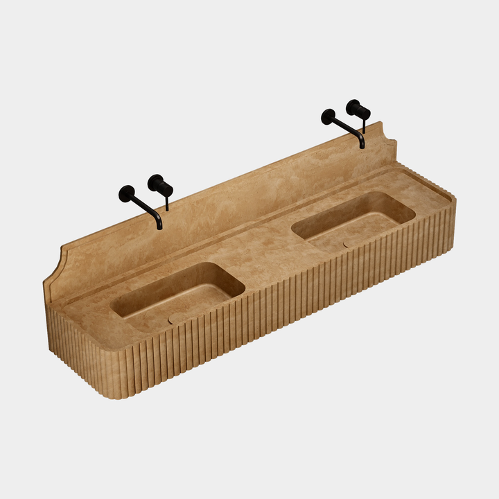Skive ribbed double basin side angle in Beige Travertine