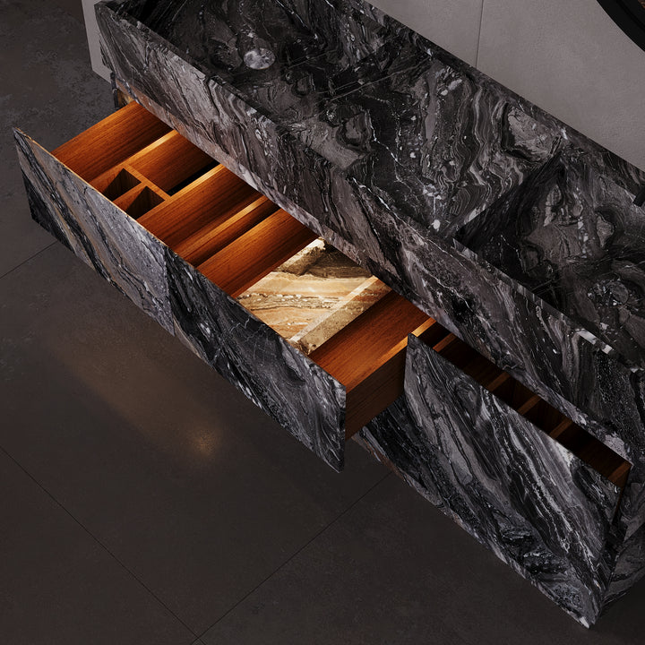 Close-up of Grey Galaxy marble surface on Orca vanity open drawers
