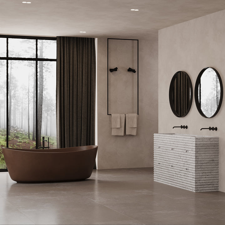 Njord ribbed marble double basin vanity in White Carrara with bathtub
