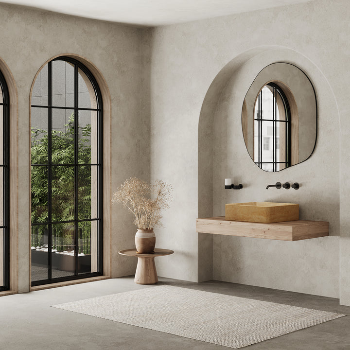 Maiken square basin lifestyle view in Beige Travertine