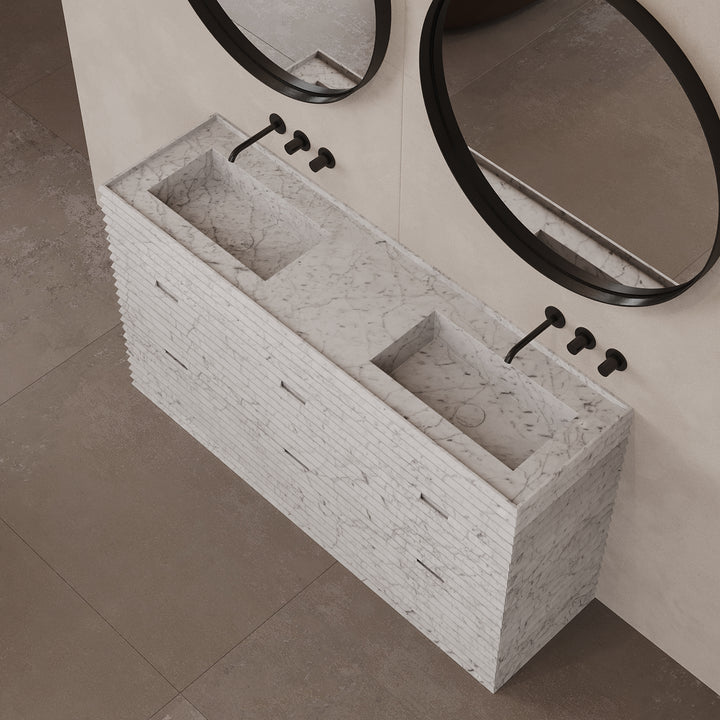 Njord double basin vanity basin close-up in White Carrara