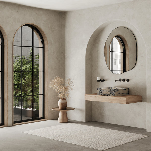 Maiken square basin lifestyle view in Calacatta Viola