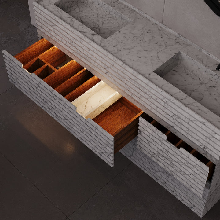 Njord - Ribbed Marble - Double Basin Bathroom Vanity - White Carrara