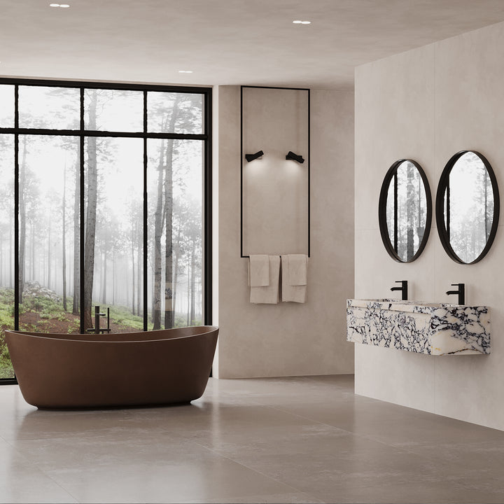 Lyke marble vanity in luxury bathroom interior in Calacatta Viola with bathtub