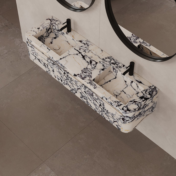 Lyke double basin vanity top view in Calacatta Viola