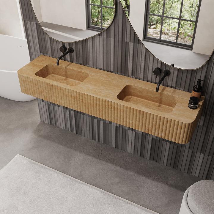 Raya ribbed marble double basin in Beige Travertine