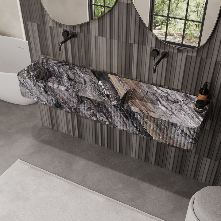 Raya ribbed marble double basin in Grey Galaxy