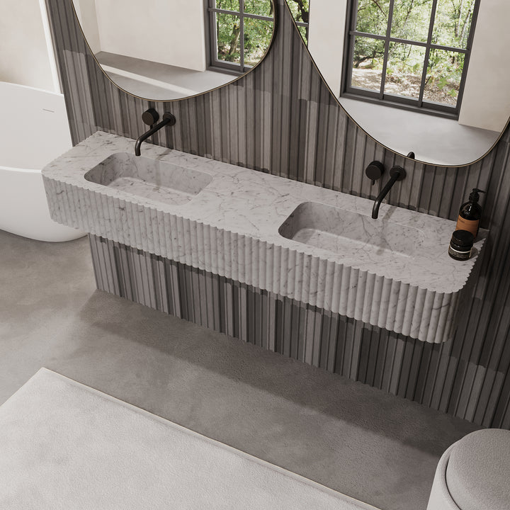 Raya ribbed marble double basin in White Carrara