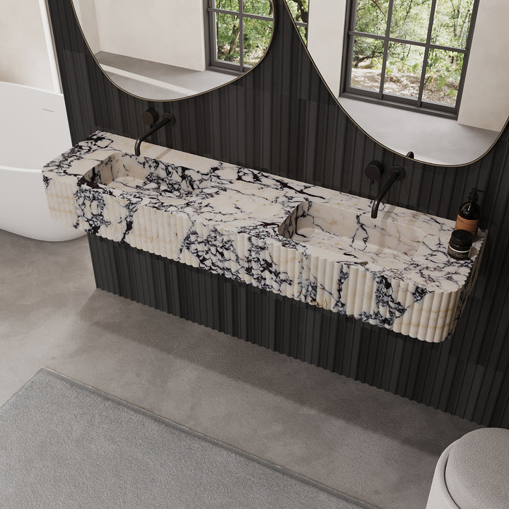 Raya ribbed marble double basin in Calacatta Viola