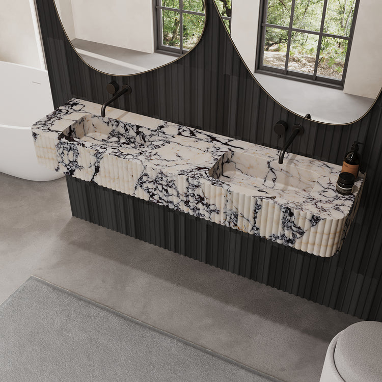 Raya ribbed marble double basin in Calacatta Viola
