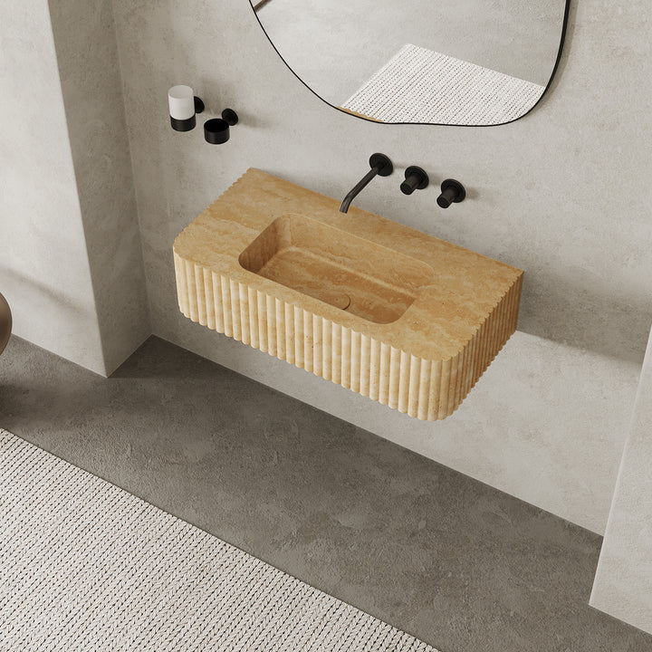 Raya - Ribbed Marble Basin - Beige Travertine - Small