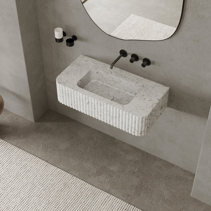 Raya - Ribbed Marble Basin - White Carrara - Small