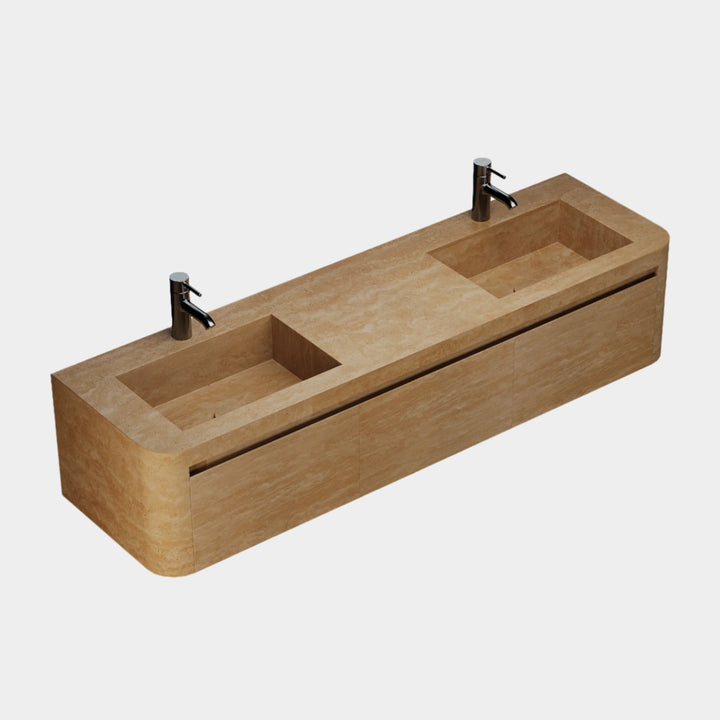Lyke wall-mounted marble vanity side angle view in Beige Travertine