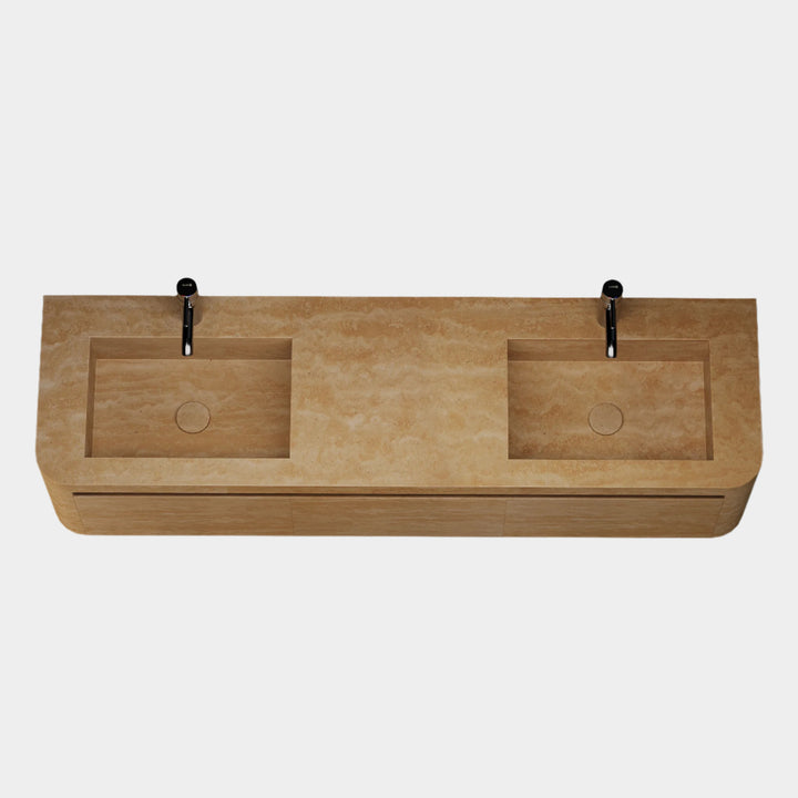 Lyke double basin vanity top view in Beige Travertine