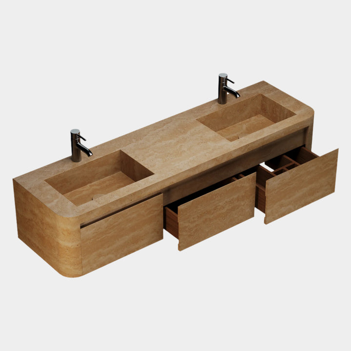 Lyke wall-mounted marble vanity side angle view in Beige Travertine open drawers