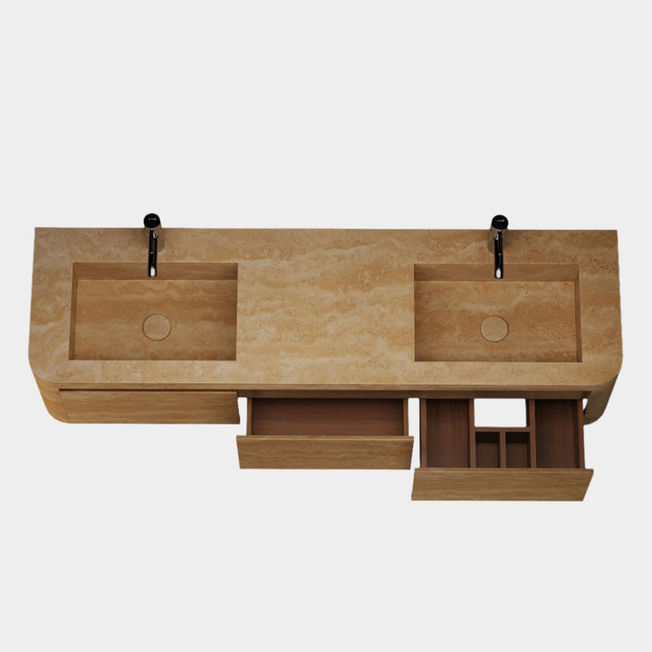 Lyke double basin vanity open drawers top view in Beige Travertine