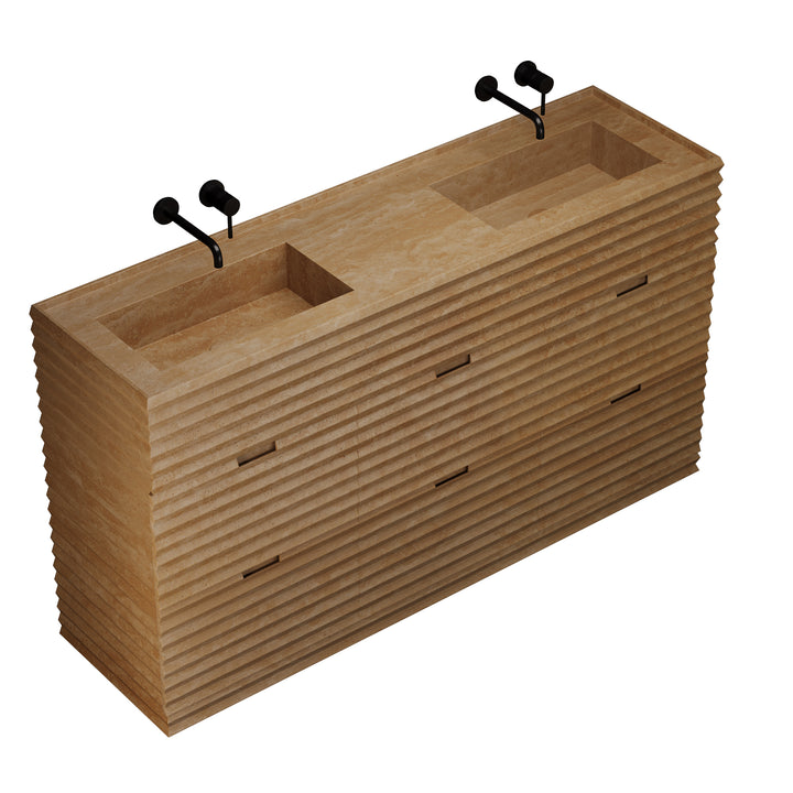 Njord double basin vanity side view in Beige Travertine