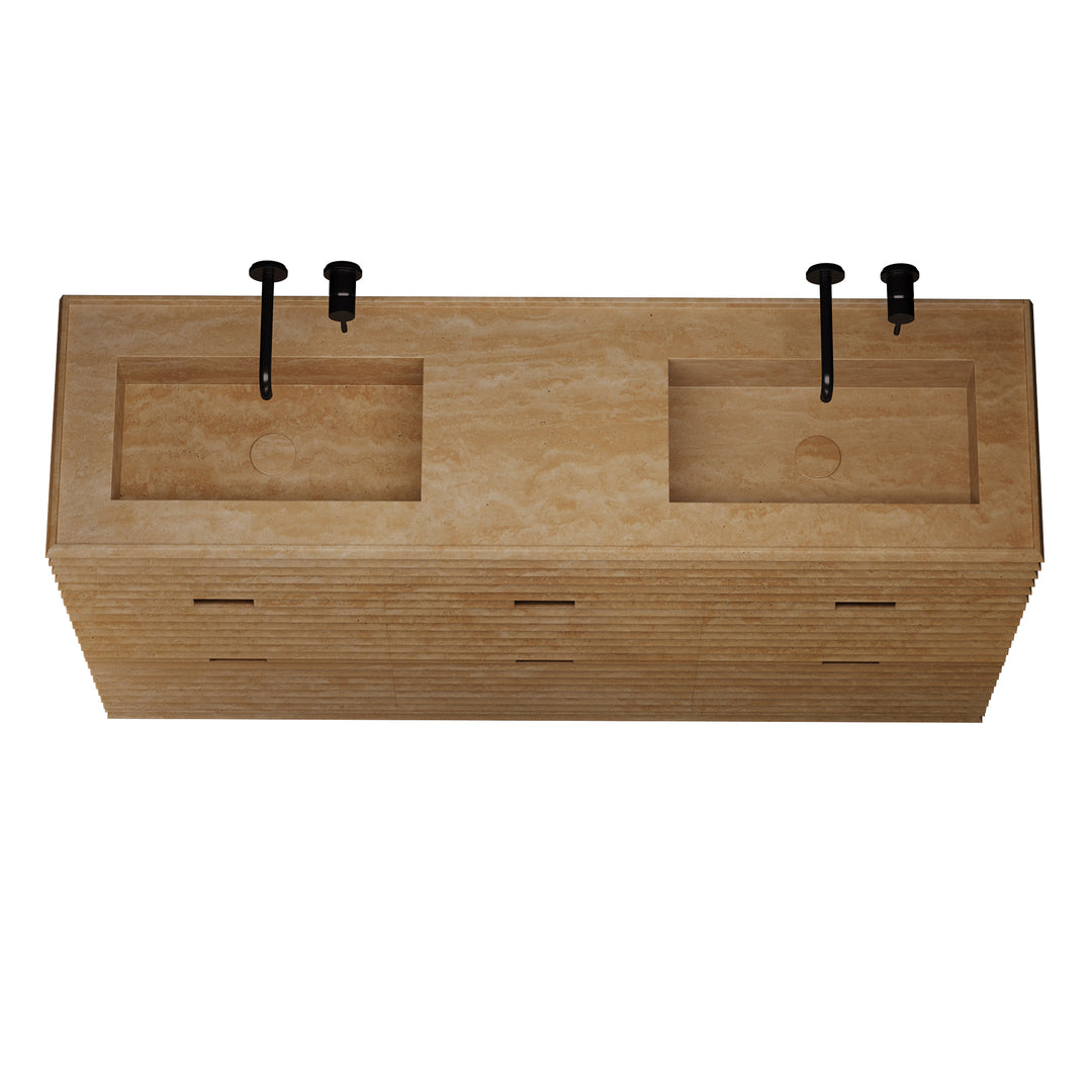 Njord - Ribbed Marble - Double Basin Bathroom Vanity - Beige Travertine