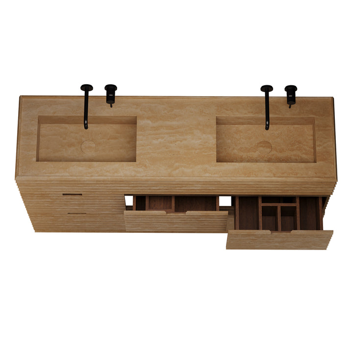 Njord double marble basin top view in Beige Travertine open drawers