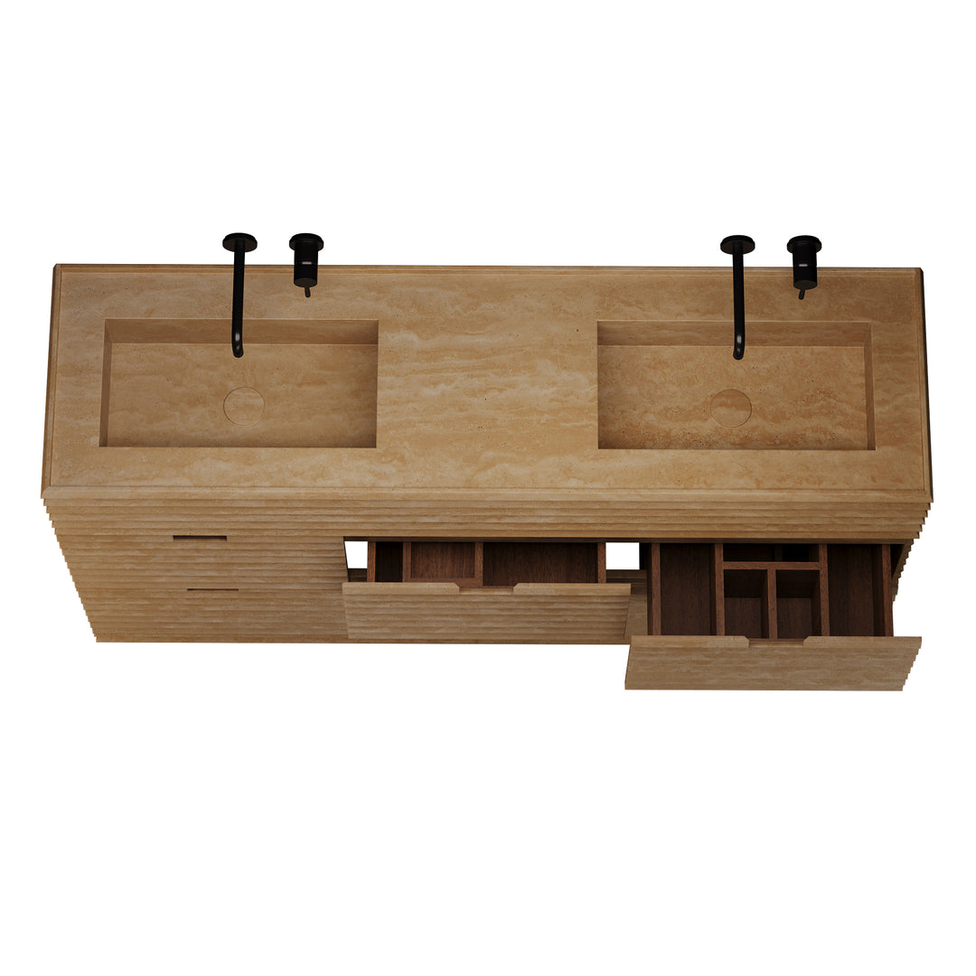 Njord - Ribbed Marble - Double Basin Bathroom Vanity - Beige Travertine