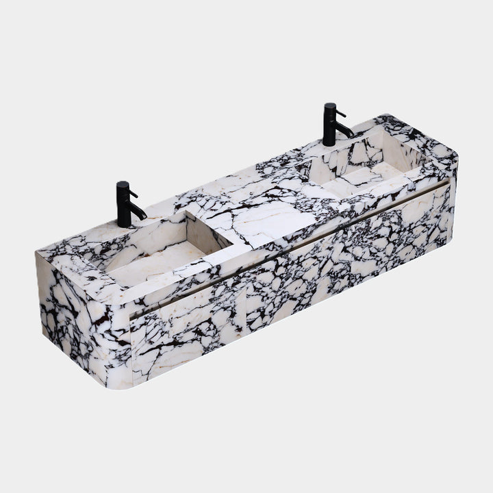 Lyke wall-mounted marble vanity 3D angle view in Calacatta Viola