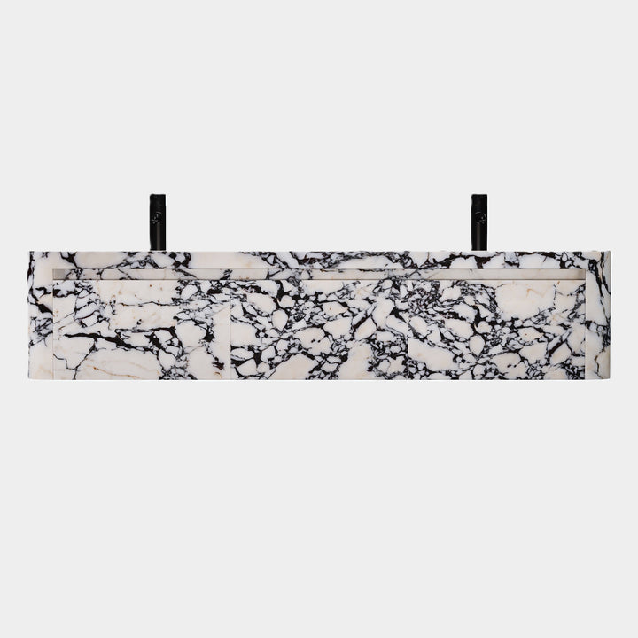 Lyke double basin vanity front view in Calacatta Viola