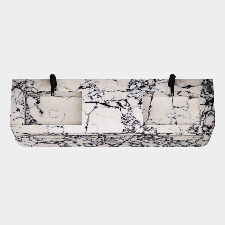 Lyke double marble basin close-up in Calacatta Viola