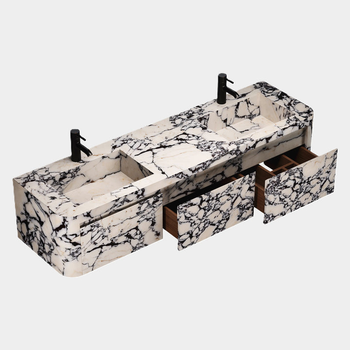 Lyke double basin vanity with open storage in Calacatta Viola