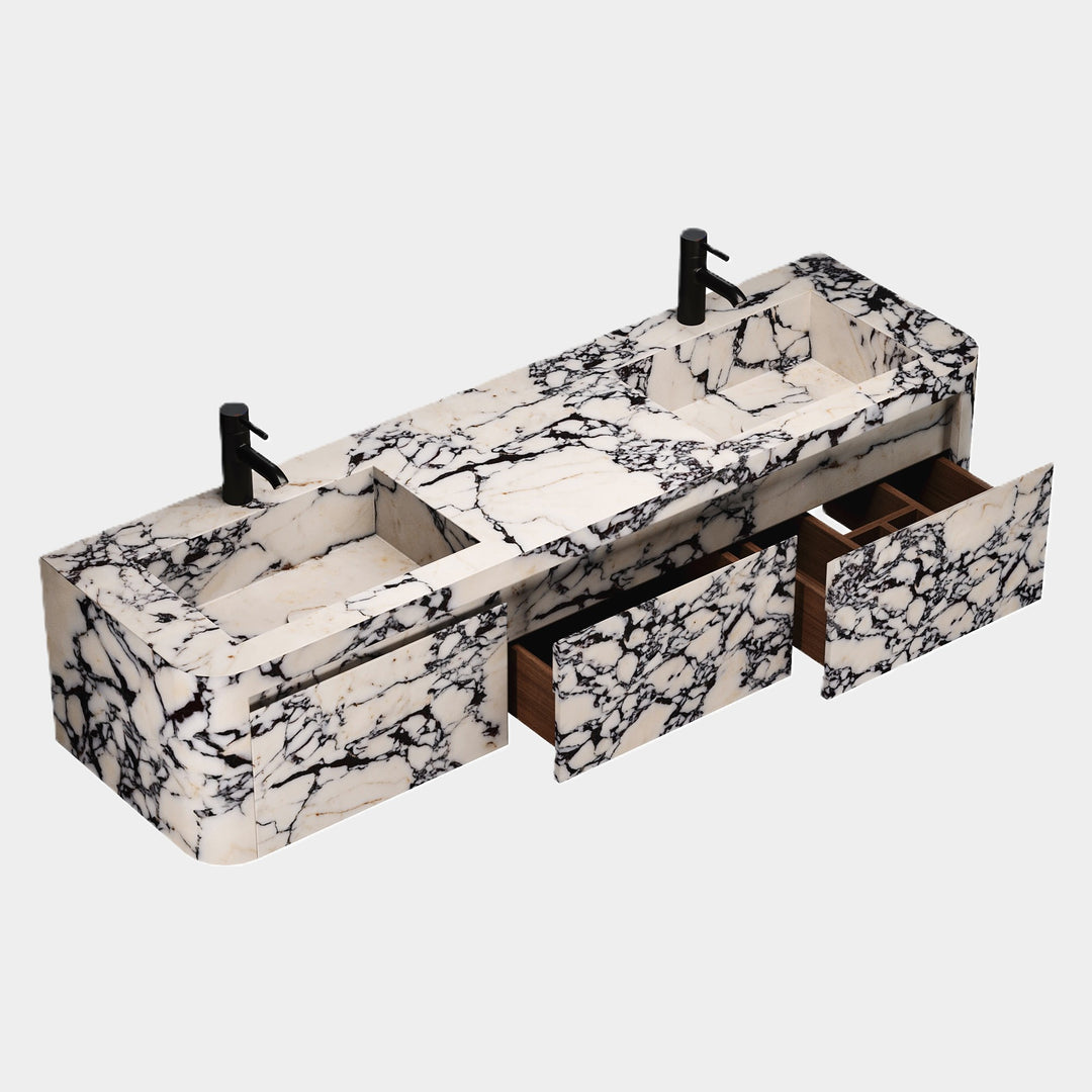 Lyke -Wall-Mounted Double Basin Bathroom Vanity - Calacatta Viola