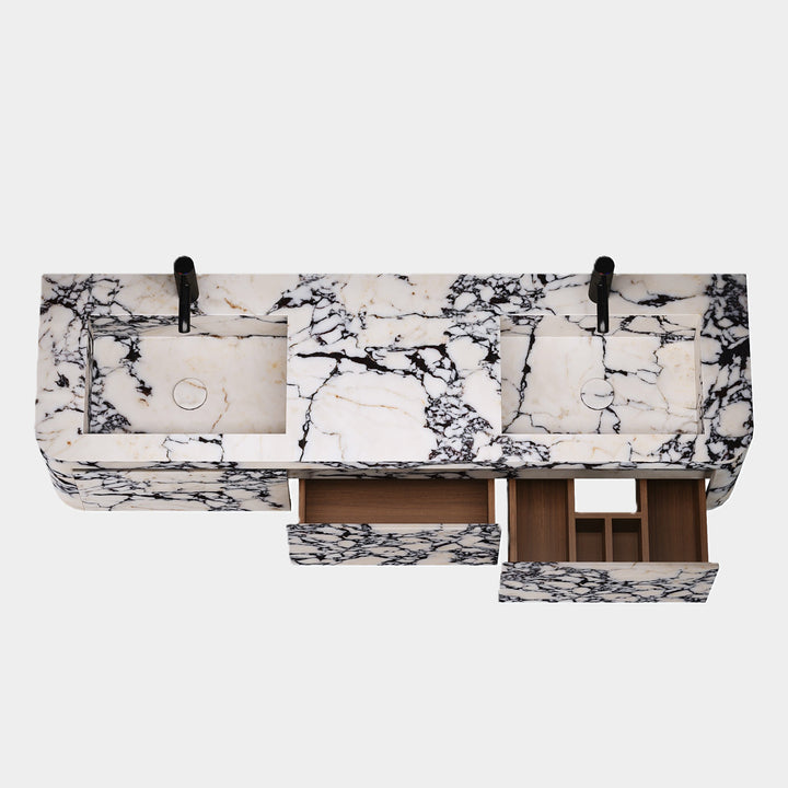 Lyke double marble basin close-up in Calacatta Viola open drawers
