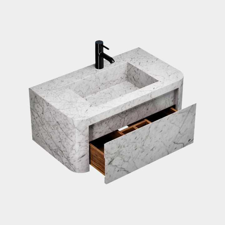 Lyke single wall-mounted vanity medium side view drawer open in White Carrara