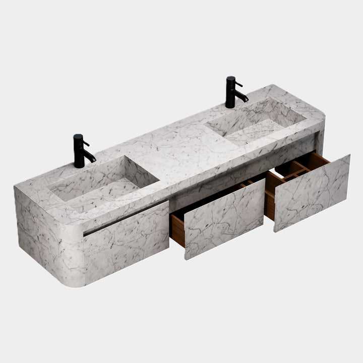 Lyke wall-mounted marble vanity side angle view in White Carrara open drawers